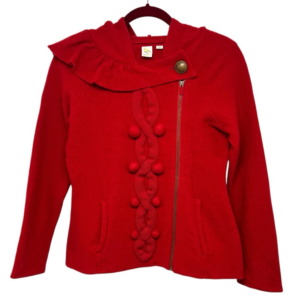 Anthropologie Yellow Bird Red Wool Bauble Zip Front Hooded Sweater Jacket Sz M